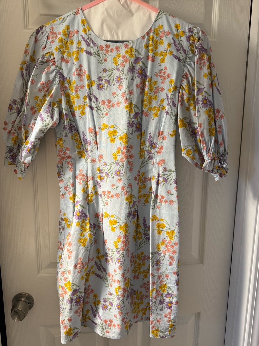 Sabo Skirt Light Blue Floral Puff-Sleeve Mini Dress